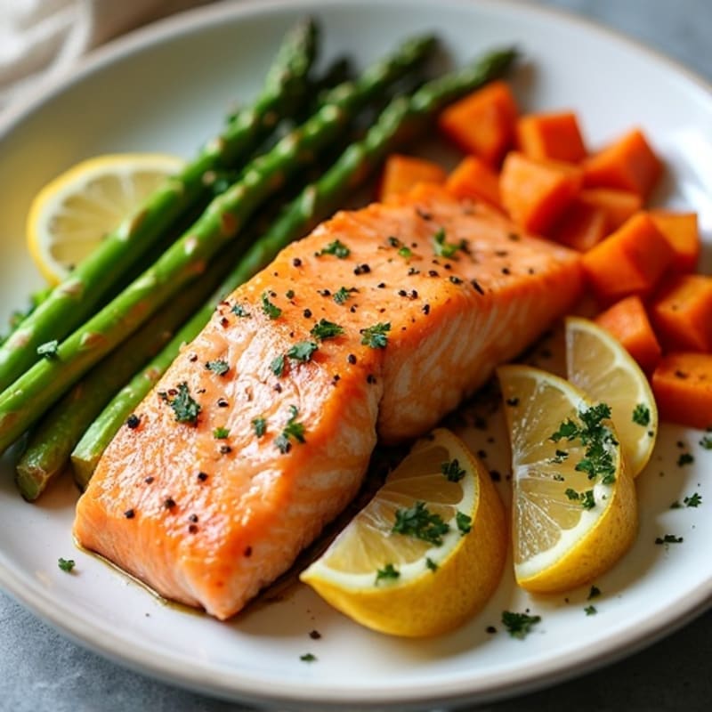 Sheet Pan Lemon-Garlic Salmon with Crispy Asparagus and Sweet Potatoes