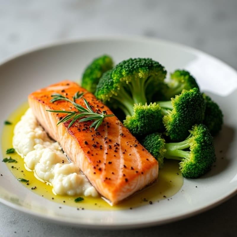 Seared Salmon with Steamed Broccoli and Garlic Cauliflower Mash
