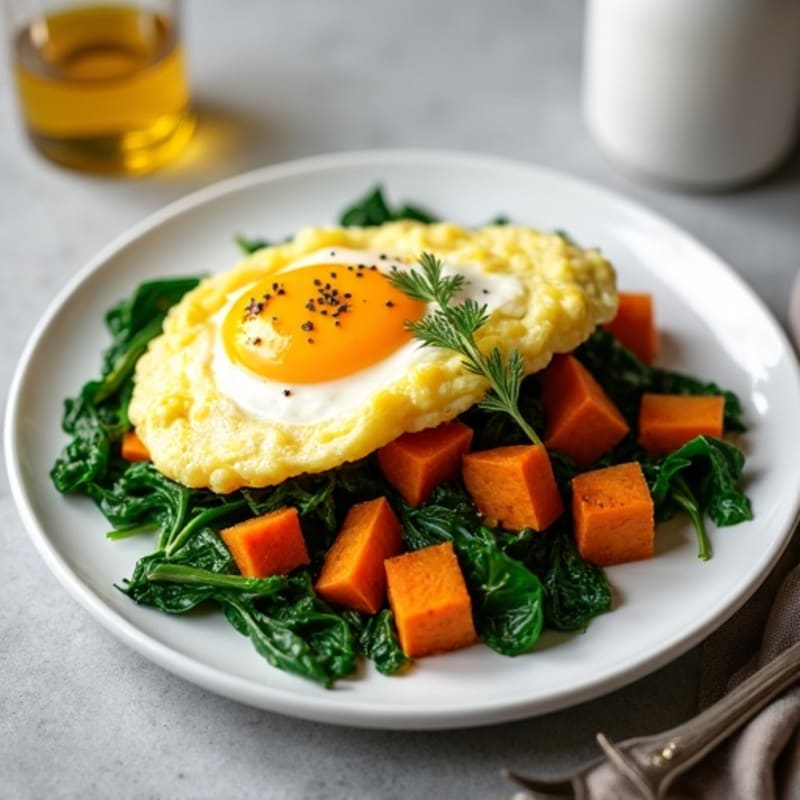 Fluffy Egg White Scramble with Roasted Sweet Potato and Spinach