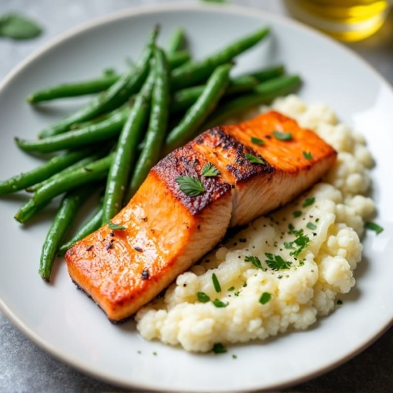 Seared Salmon with Garlic Green Beans and Cauliflower Mash