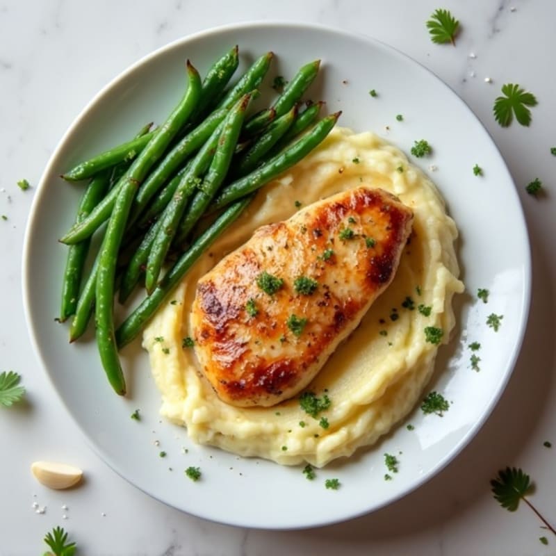 Pan-Seared Chicken with Creamy Mashed Potatoes and Roasted Green Beans