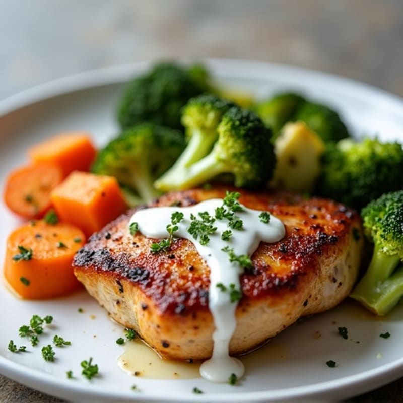 Seared Chicken Thighs with Roasted Broccoli and Sweet Potato