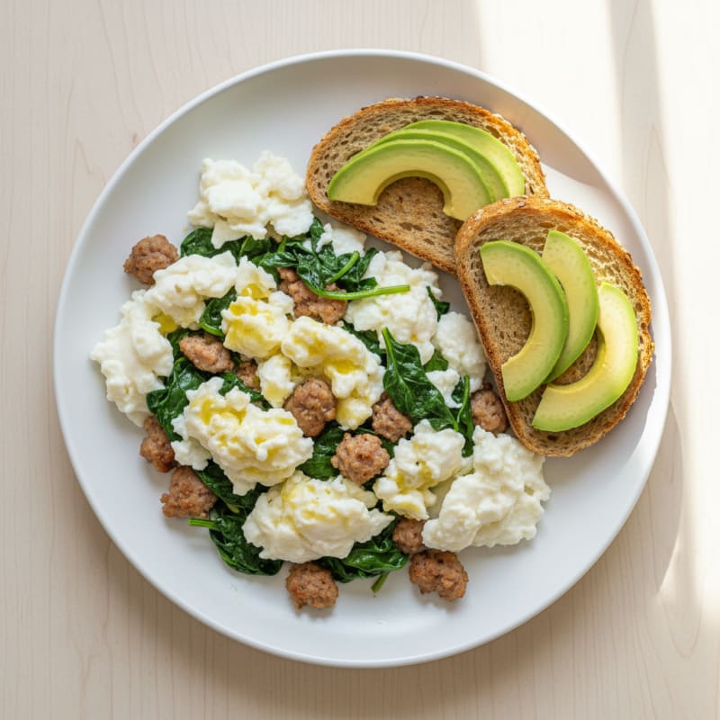 Egg White Scramble with Turkey Sausage and Sautéed Spinach