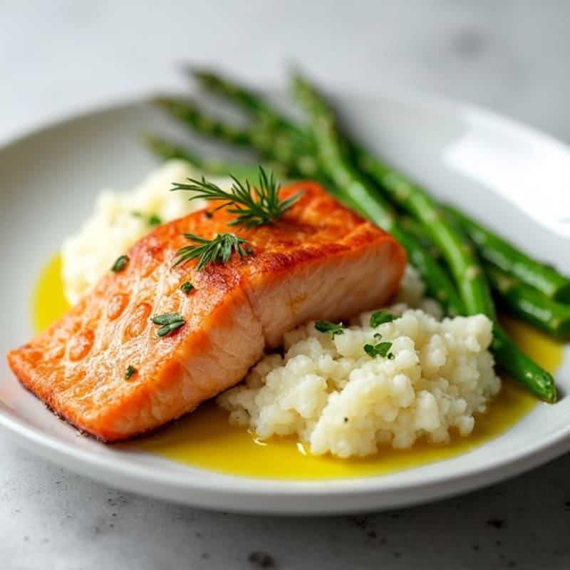 Seared Salmon Filet with Steamed Asparagus and Cauliflower Mash