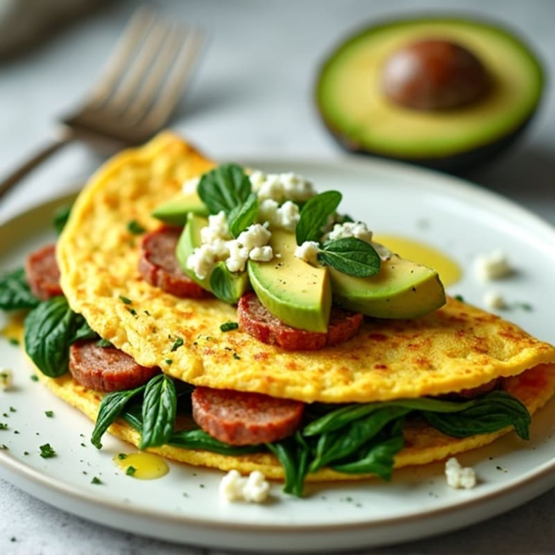 Egg White Omelette with Spinach, Turkey Sausage, and Avocado-Feta Topping