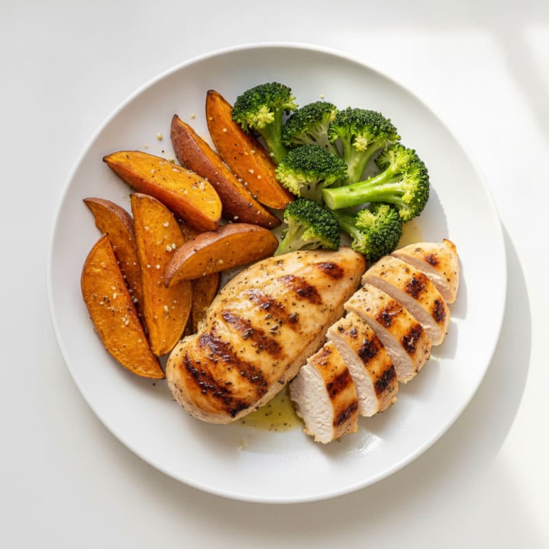 Grilled Chicken Breast with Roasted Sweet Potato and Steamed Broccoli
