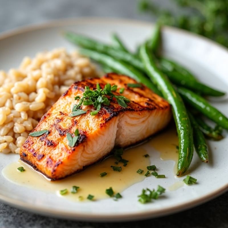 Seared Salmon with Garlic Green Beans and Brown Rice