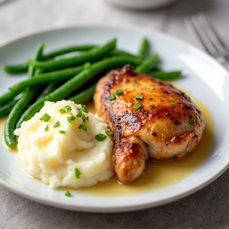 Oven-Baked Chicken Thighs with Garlic Mashed Potatoes and Sautéed Green Beans