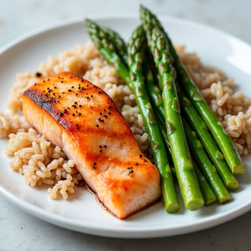 Seared Salmon with Steamed Asparagus and Brown Rice