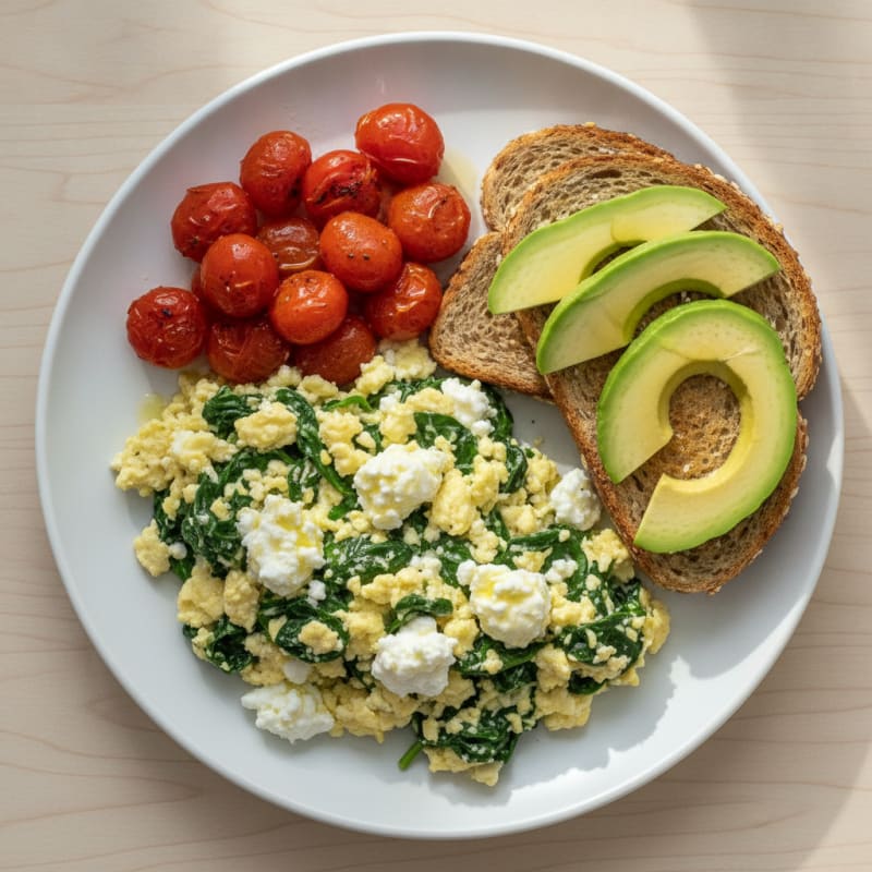 Egg White Spinach Scramble with Cottage Cheese and Cherry Tomatoes
