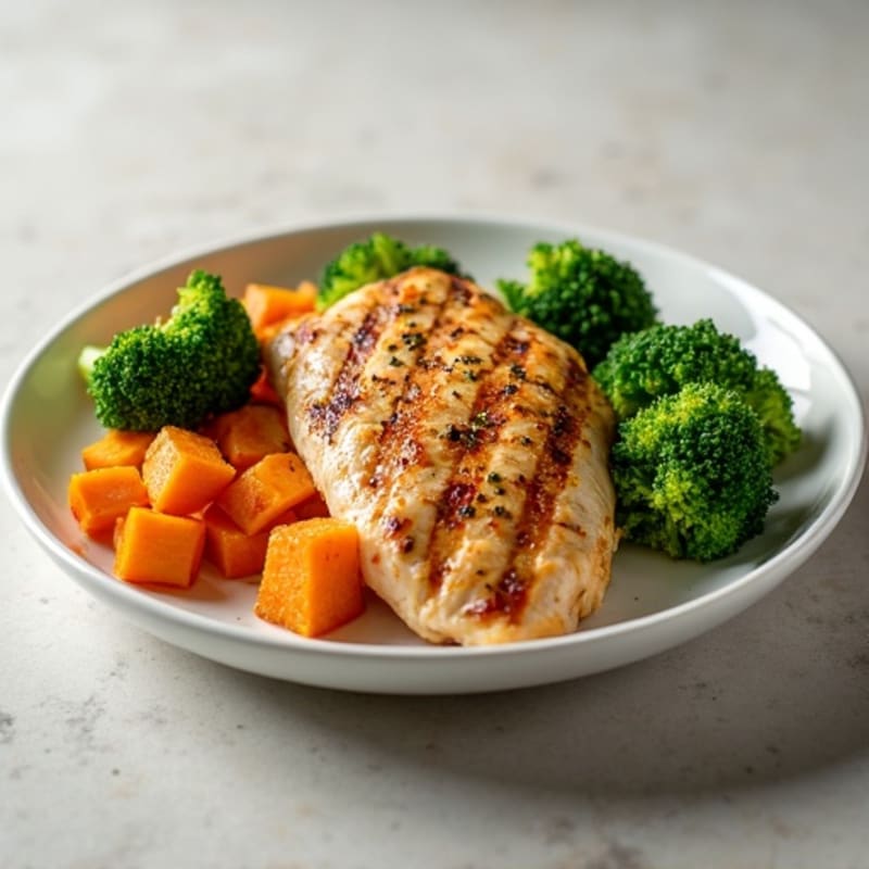 Grilled Chicken Breast with Roasted Sweet Potato and Steamed Broccoli