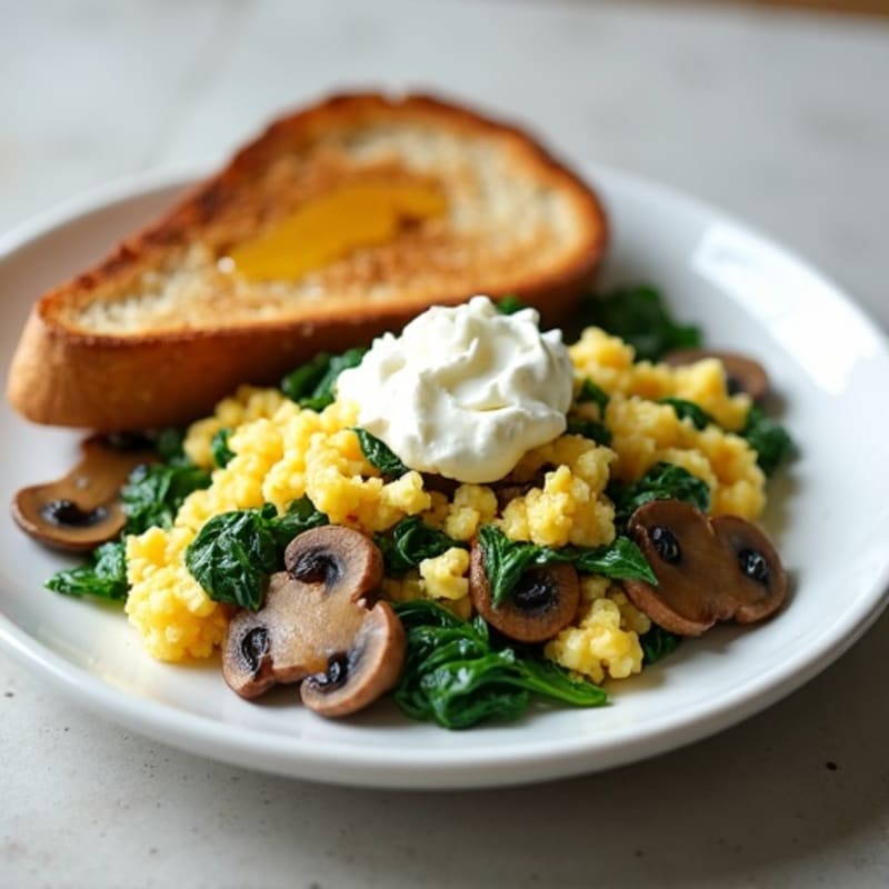 Egg White and Spinach Scramble with Cottage Cheese and Sautéed Mushrooms