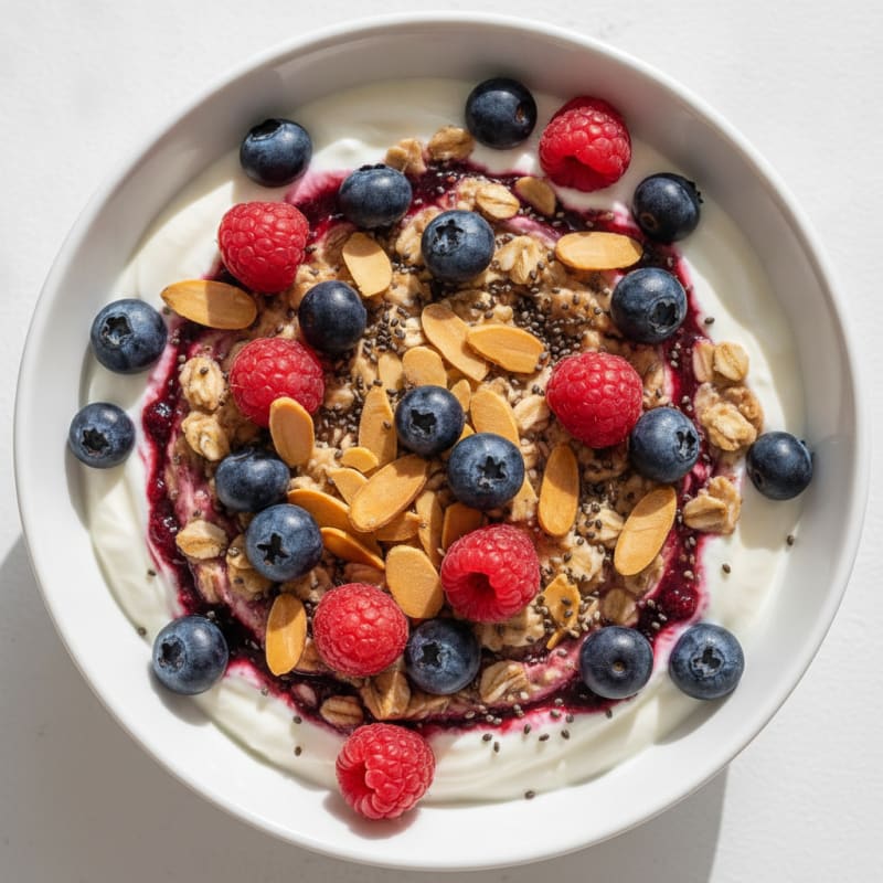 Greek Yogurt Protein Oats with Mixed Berries and Almonds