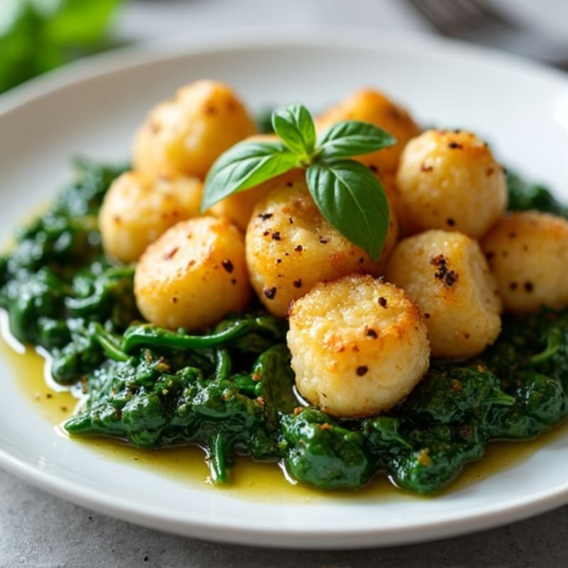 Crispy Pan-Seared Gnocchi with Fresh Basil Pesto and Sautéed Spinach with Grilled Chicken