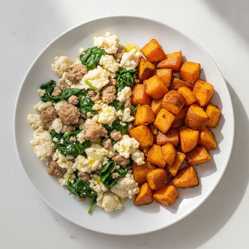 Egg White and Turkey Sausage Scramble with Spinach and Roasted Sweet Potatoes