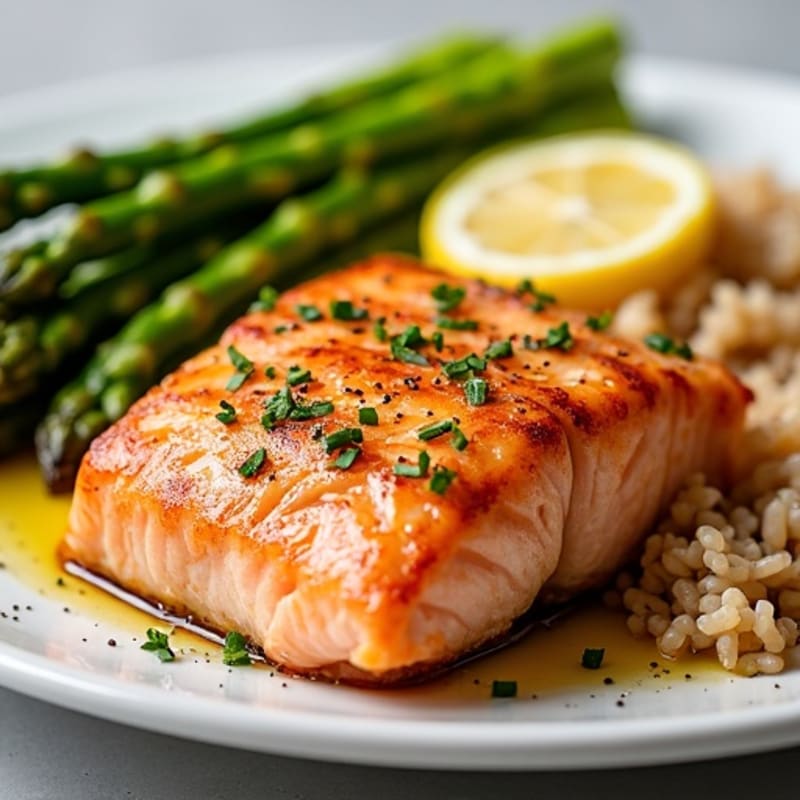 Pan-Seared Salmon with Steamed Asparagus and Brown Rice