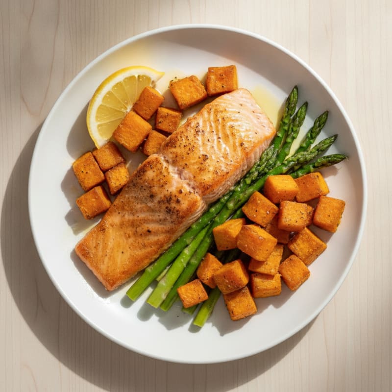 Seared Salmon Fillet with Roasted Sweet Potatoes and Asparagus