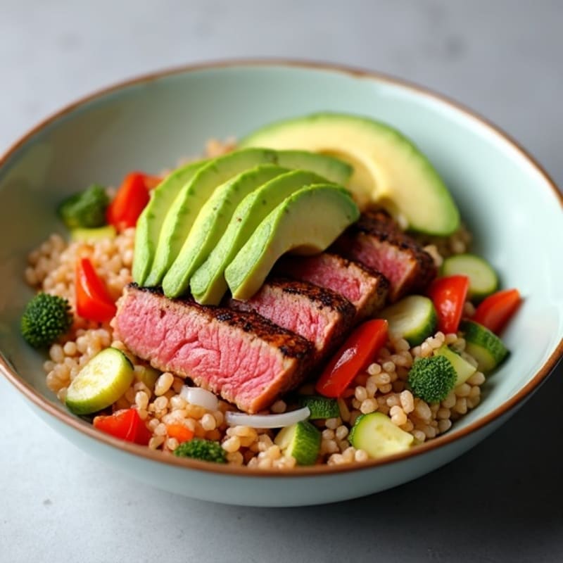 Fresh Seared Tuna with Creamy Avocado and Crispy Vegetable Rice Bowl