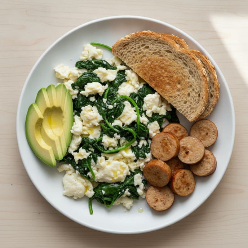 Egg White Scramble with Turkey Sausage and Sautéed Spinach