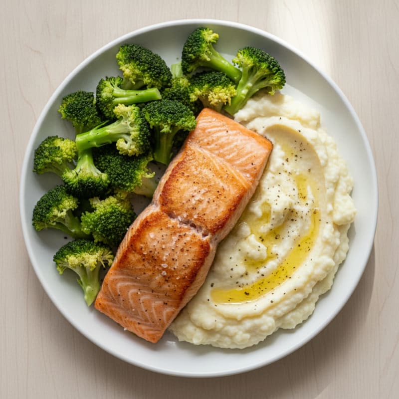 Seared Salmon with Steamed Broccoli and Cauliflower Mash