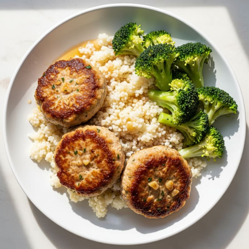 Seared Turkey Patties with Steamed Broccoli and Cauliflower Rice