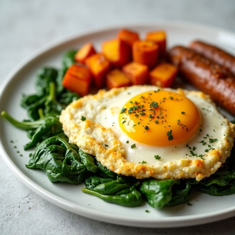 Egg White and Turkey Sausage Scramble with Spinach and Roasted Sweet Potatoes