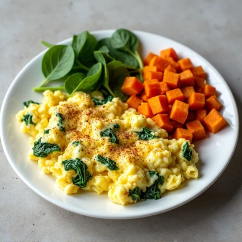 Fluffy Egg and Spinach Scramble with Crispy Sweet Potato Hash