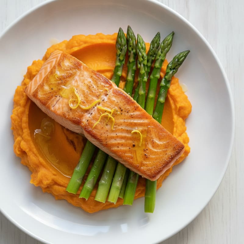 Seared Salmon with Steamed Asparagus and Sweet Potato Mash