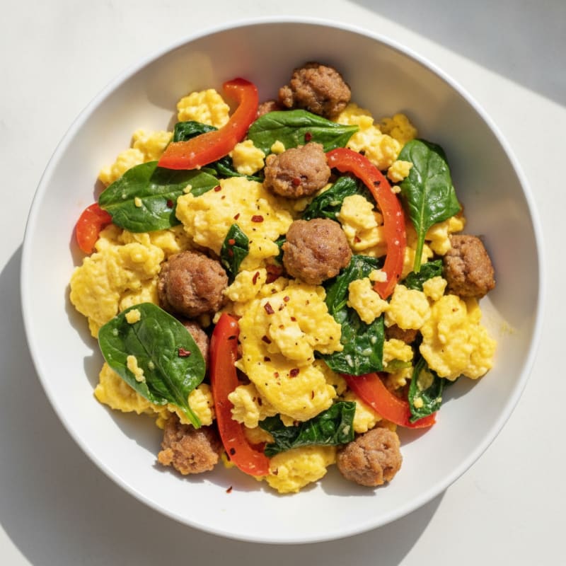 Scrambled Eggs with Turkey Sausage and Sautéed Spinach