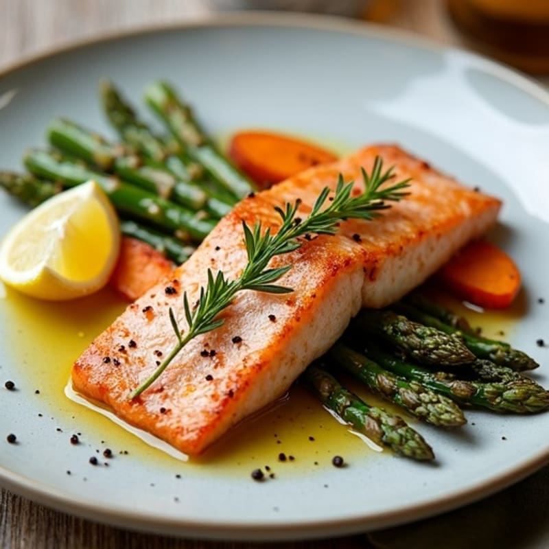 Seared Salmon with Roasted Sweet Potato and Asparagus