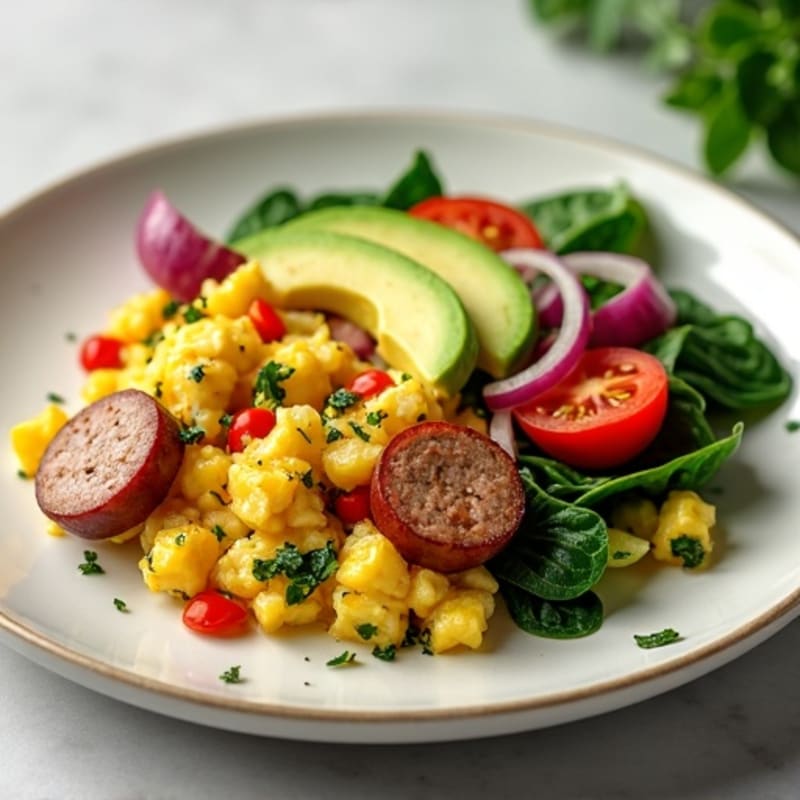 Egg White Veggie Scramble with Turkey Sausage and Sautéed Spinach