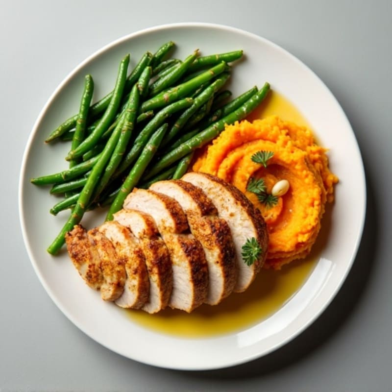Seared Turkey Breast with Garlic Green Beans and Mashed Sweet Potato
