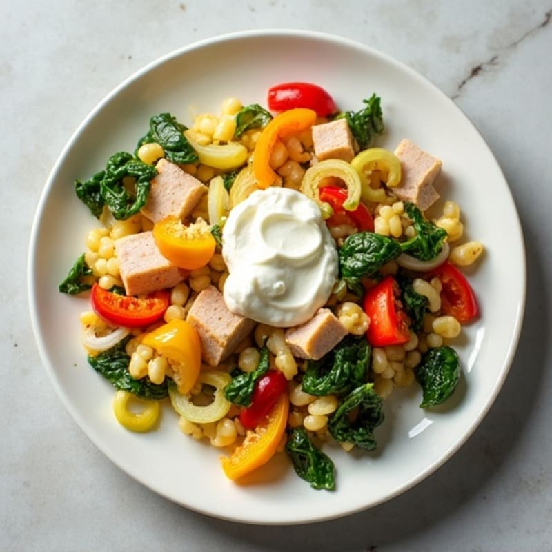 Egg White Veggie Scramble with Cottage Cheese and Sliced Turkey