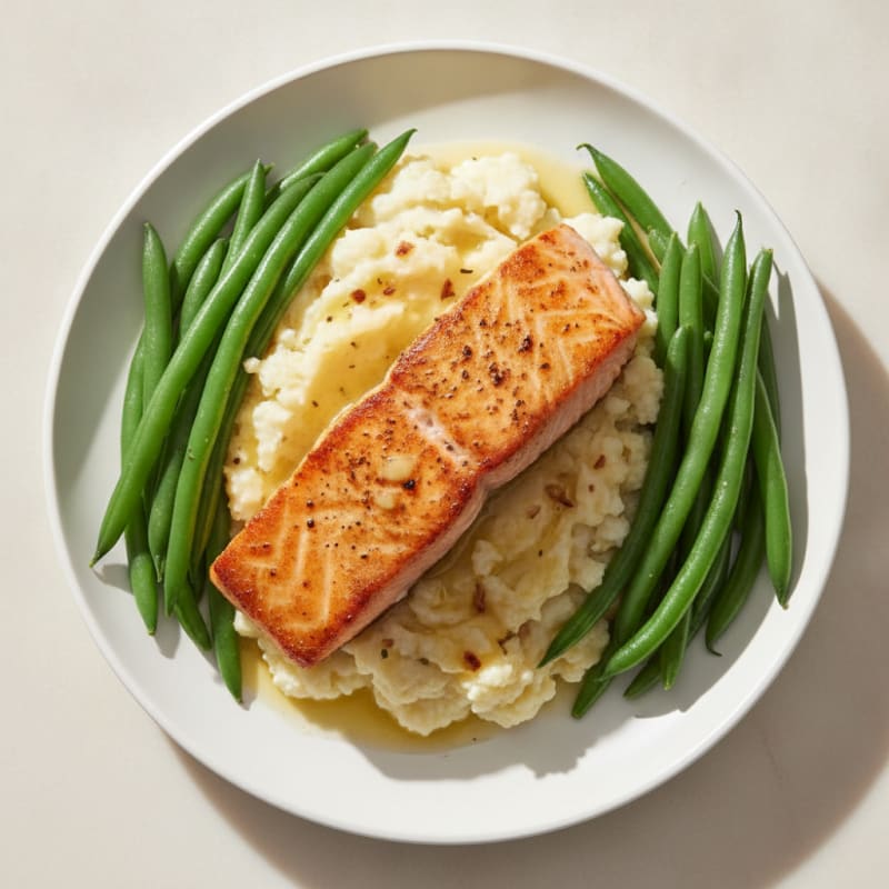 Seared Salmon with Steamed Green Beans and Garlic Mashed Cauliflower