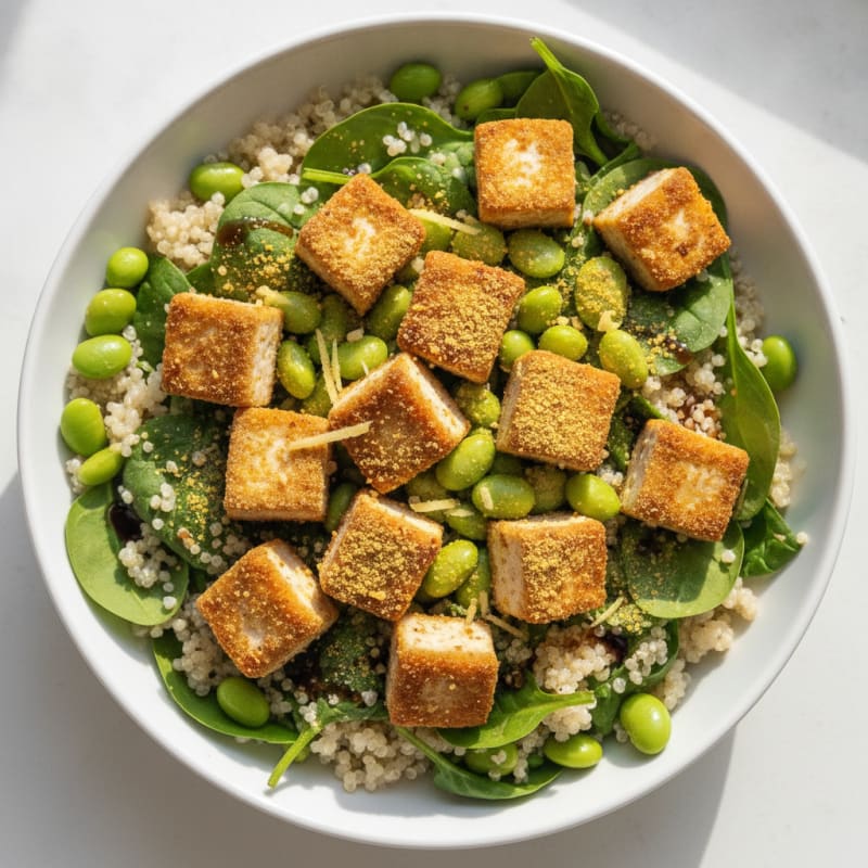 Crispy Tofu and Edamame Power Bowl with Quinoa