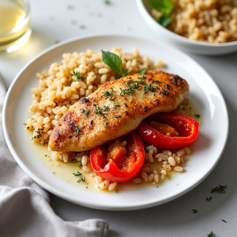 Crispy Lemon-Herb Roasted Chicken with Roasted Bell Peppers and Fluffy Brown Rice