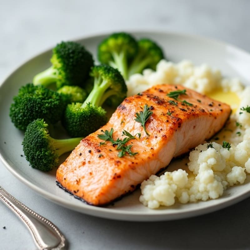 Seared Salmon Fillet with Steamed Broccoli and Garlic Mashed Cauliflower