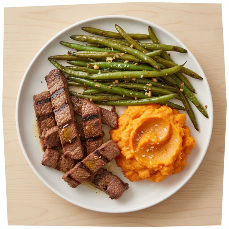 Seared Beef Strips with Garlic Green Beans and Sweet Potato Mash
