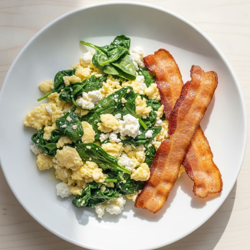 Cottage Cheese Egg Scramble with Spinach and Turkey Bacon
