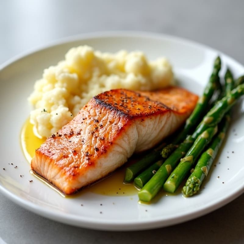 Seared Salmon with Steamed Asparagus and Cauliflower Mash