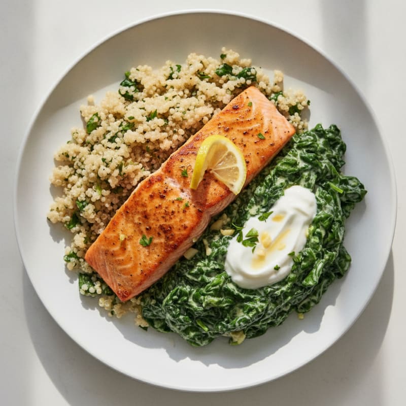 Pan Seared Salmon with Creamy Spinach and Herb Quinoa