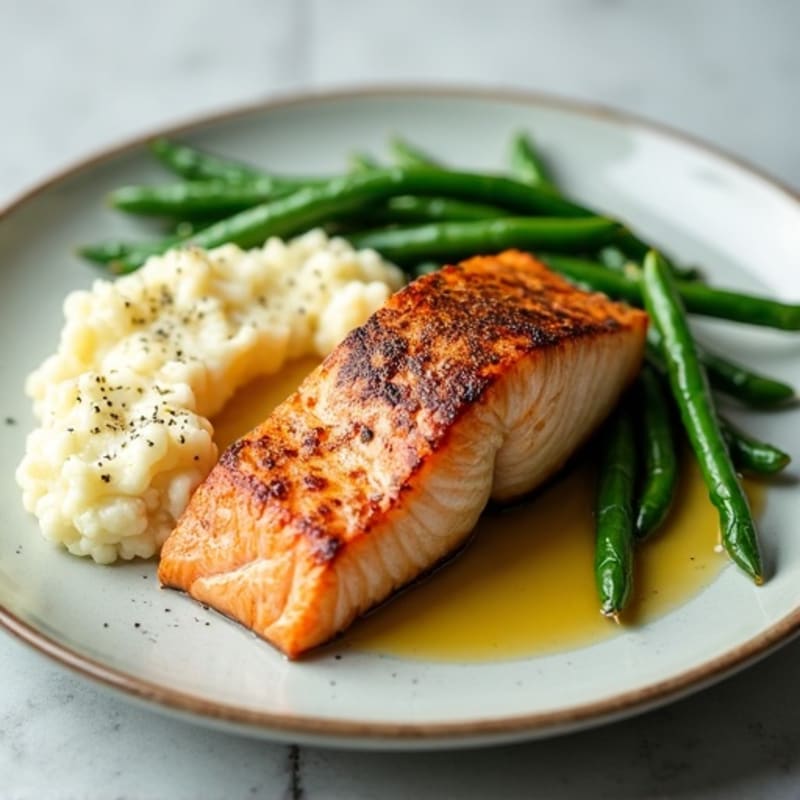 Seared Salmon with Steamed Green Beans and Garlic Cauliflower Mash