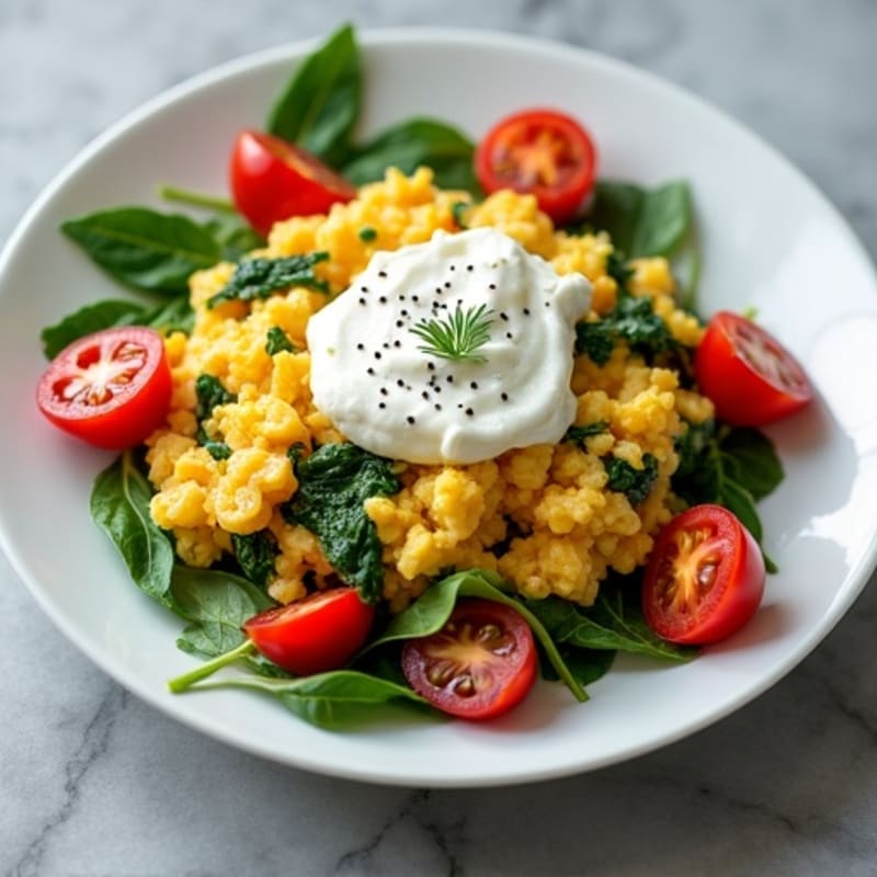 Egg White and Spinach Scramble with Cottage Cheese and Cherry Tomatoes