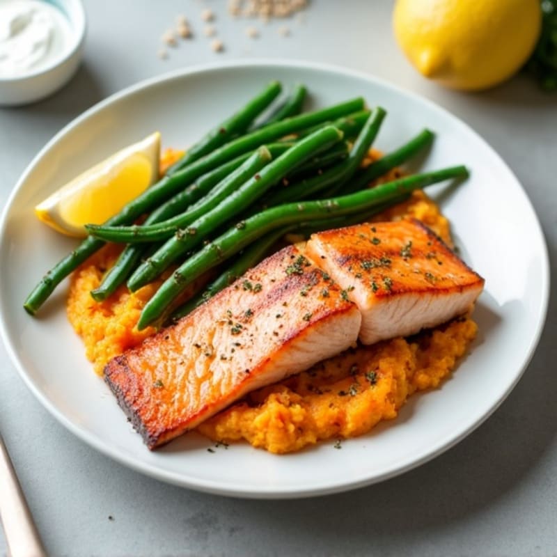 Seared Salmon with Steamed Green Beans and Sweet Potato Mash