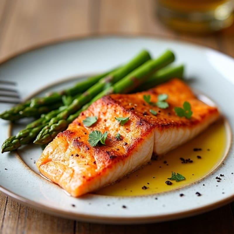 Crispy Pan-Seared Salmon with Roasted Asparagus and Sweet Potato