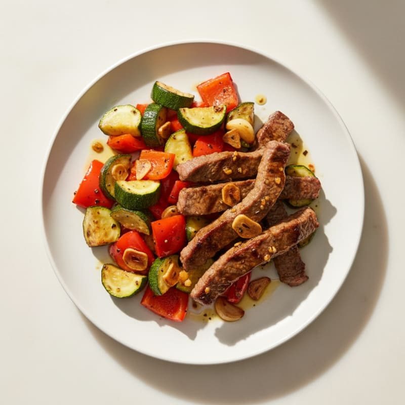 Seared Lean Beef Strips with Roasted Zucchini and Peppers
