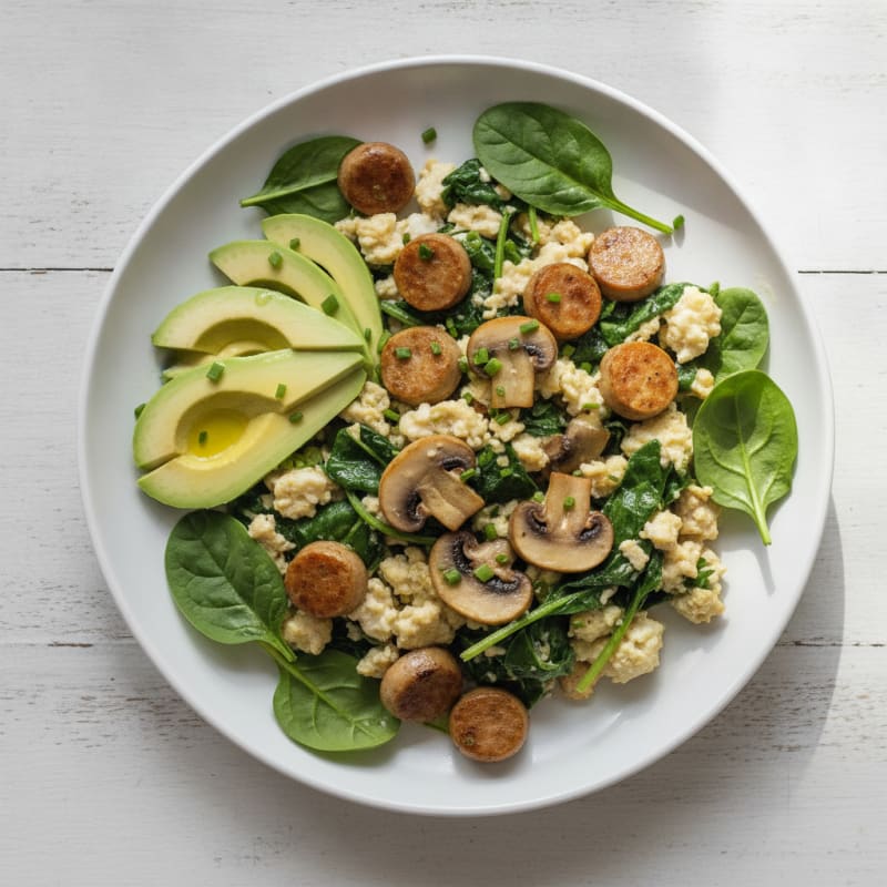 Egg White Spinach Scramble with Turkey Sausage and Sautéed Mushrooms