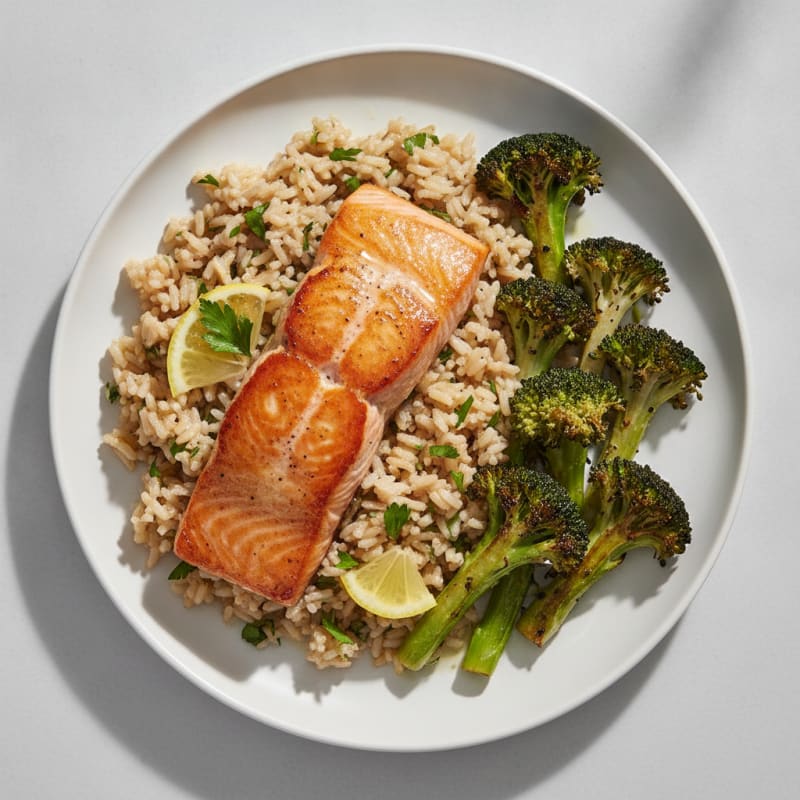 Seared Salmon with Herbed Rice and Roasted Broccoli