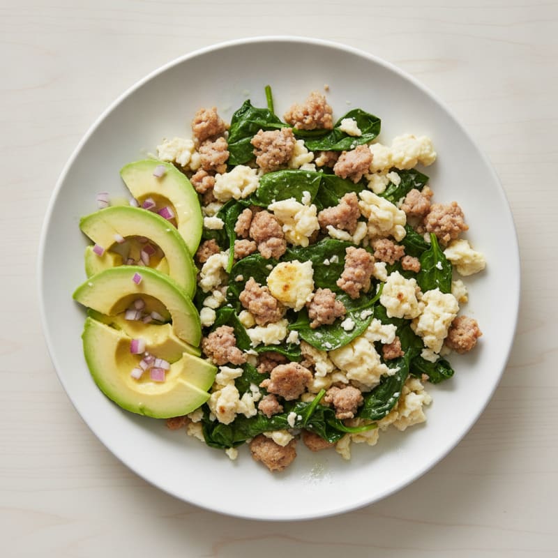 Egg White and Turkey Sausage Scramble with Sautéed Spinach