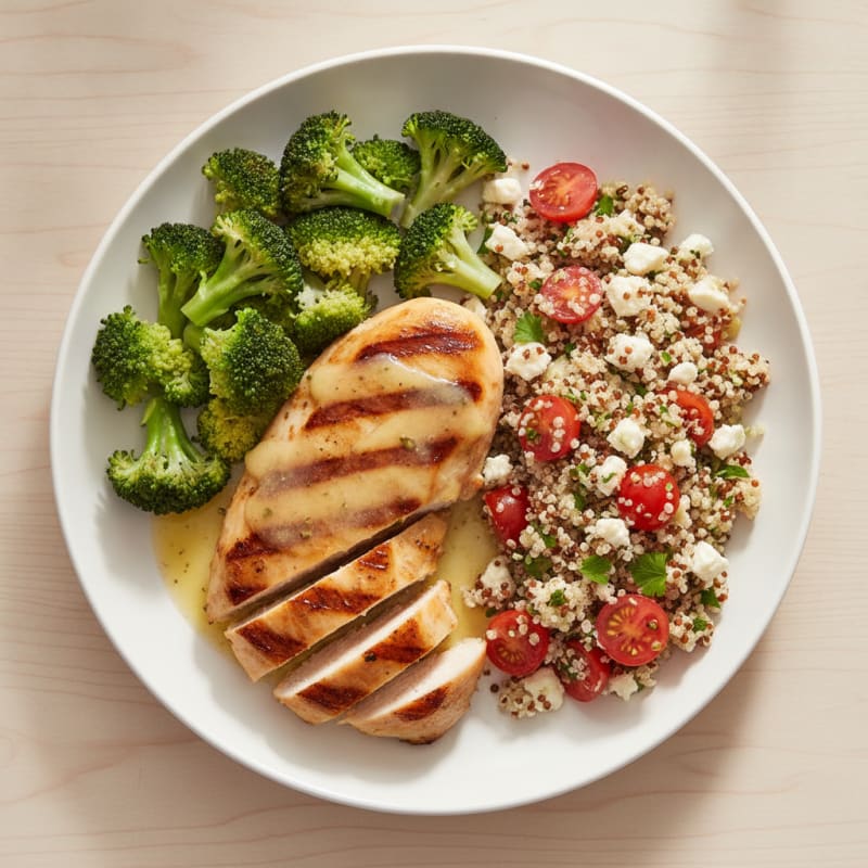 Grilled Chicken Breast with Steamed Broccoli and Tomato Quinoa Salad